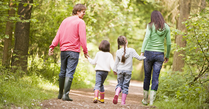 family walking through woodland